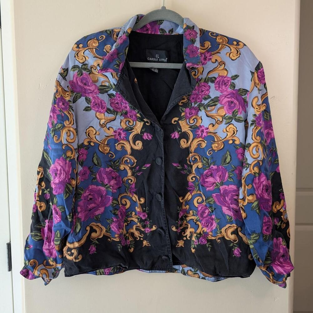 Vintage Carole Little 100% Silk Baroque Floral Slouchy Bomber Jacket Blouse 10